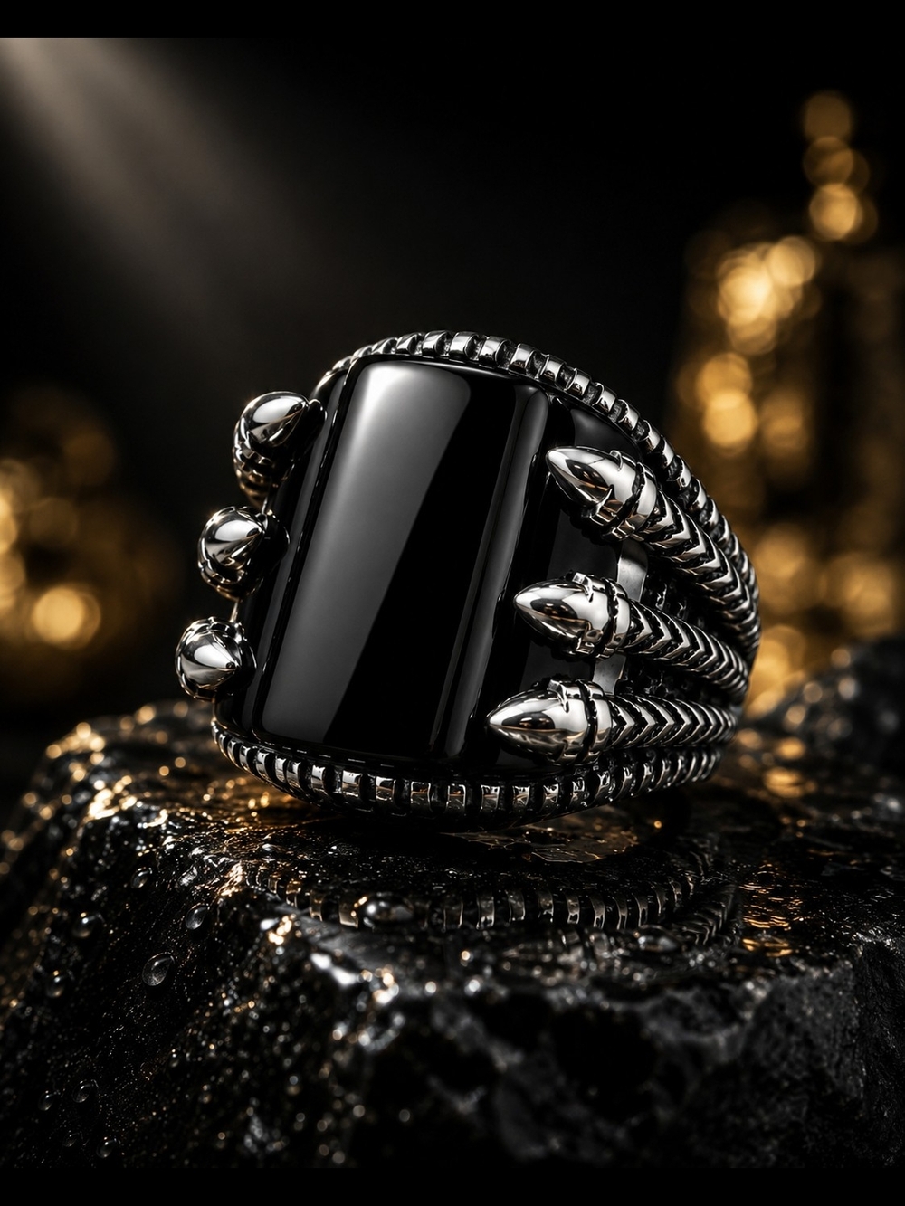 Men's Black Onyx Silver Snake-Accent Statement Ring Size 8"